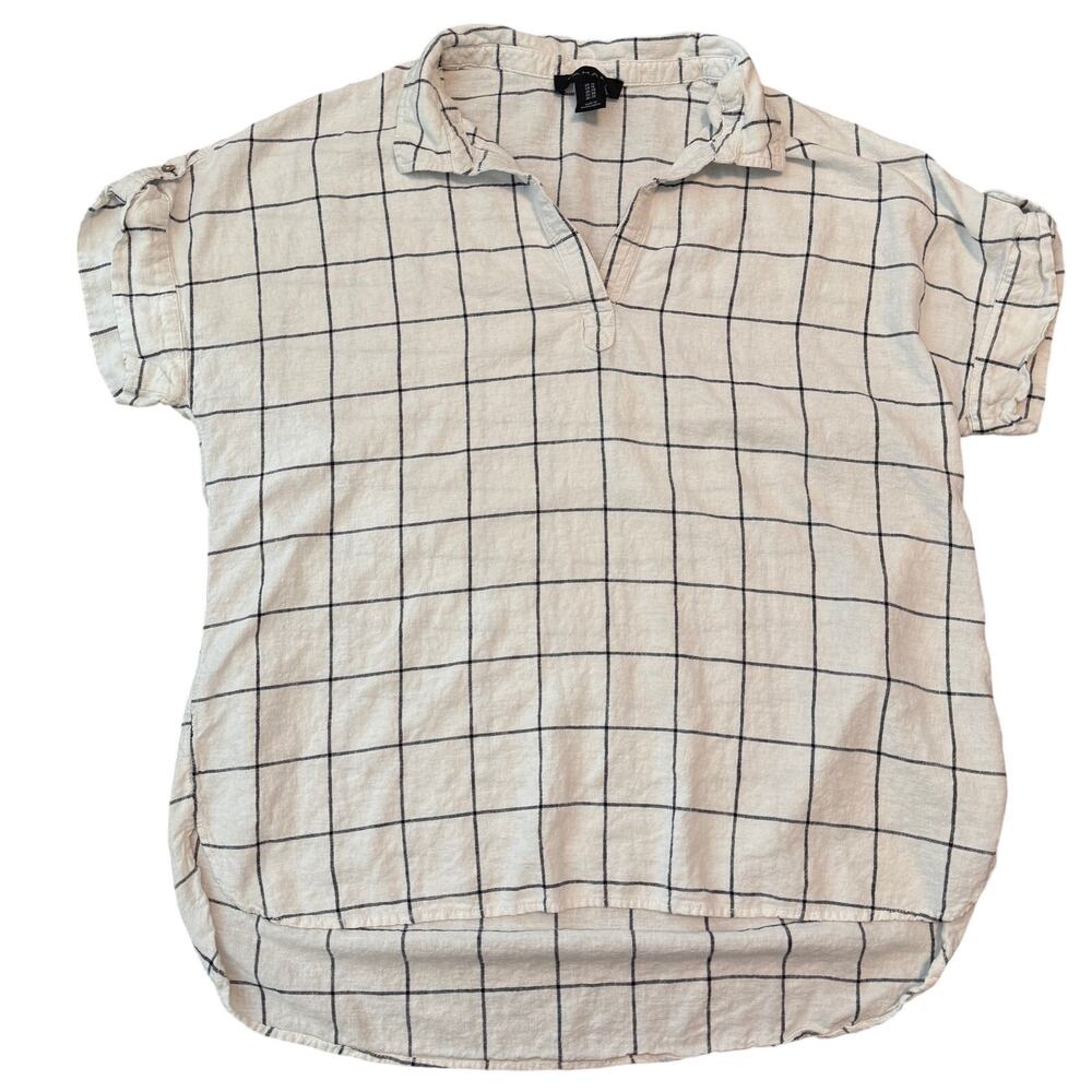 Tahari Womens 1X Linen Blend Windowpane Plaid Tunic Blouse Cuffed Short Sleeve